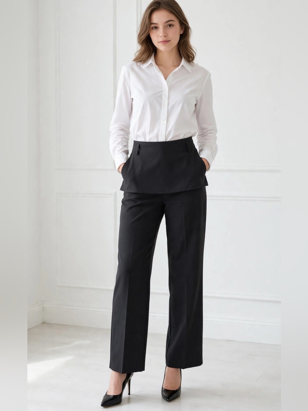 ASOS DESIGN straight leg pants with skirt detailing in black Size Small